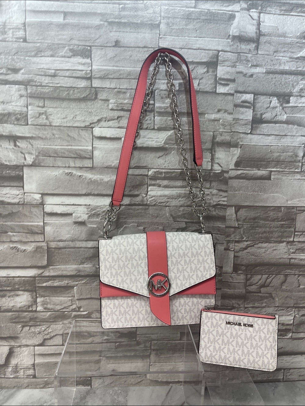 Michael Kors Greenwich Flap Crossbody & Matching Wallet Bright White Tea Rose
